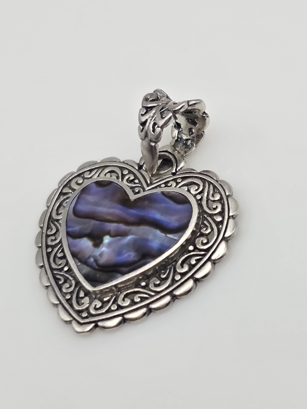 Sterling Silver 925 Heart Pendant with Abalone Inlay - Purple Blue